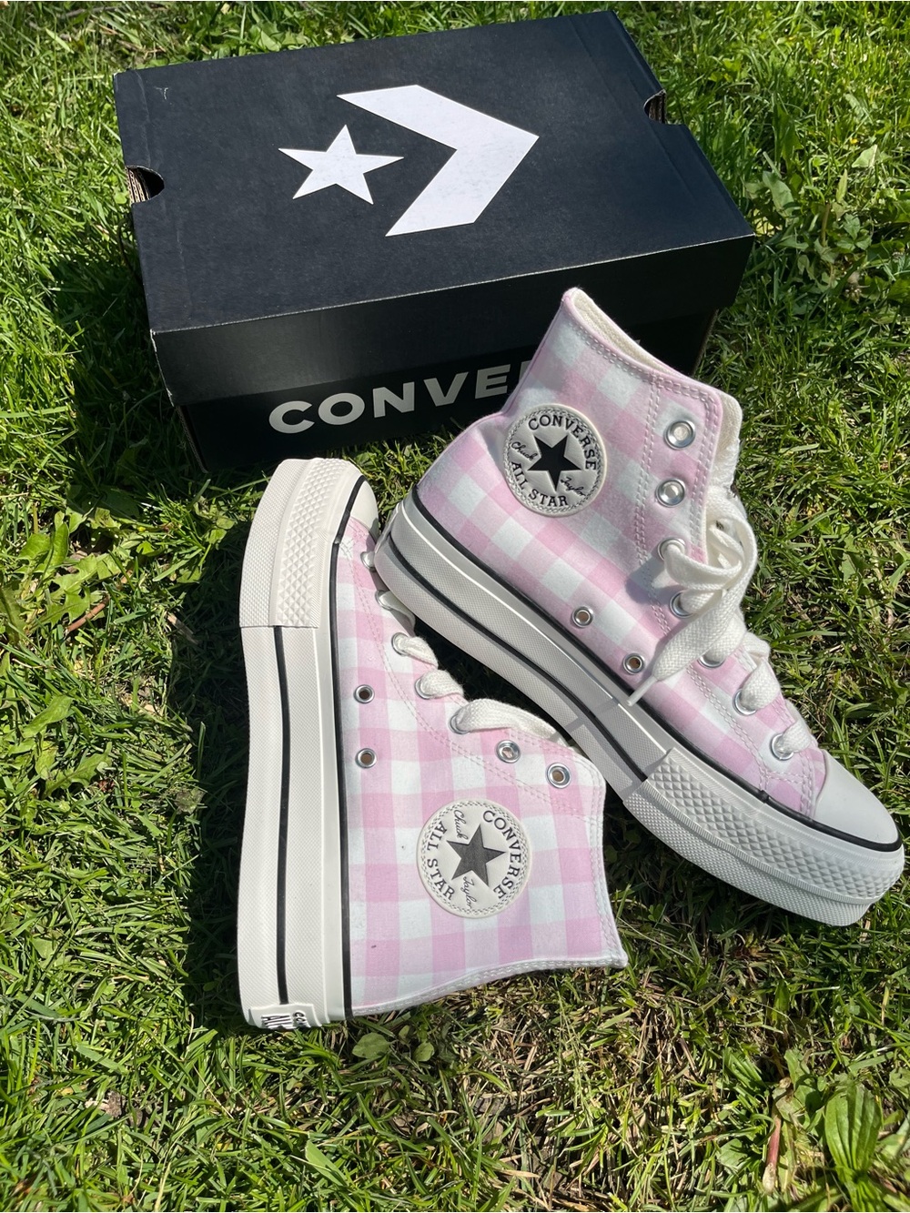 Converse Pink and White Gingham High Top Sneakers Size US 8